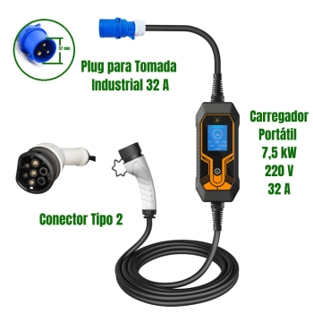 Carregador Portatil Carro Elétrico 7,5 kW 220 V 32 A