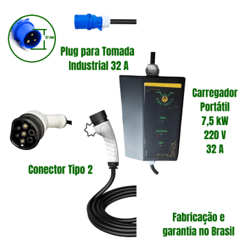 Carregador Portatil Carro Elétrico 7,5 kW 220 V 32 A WW